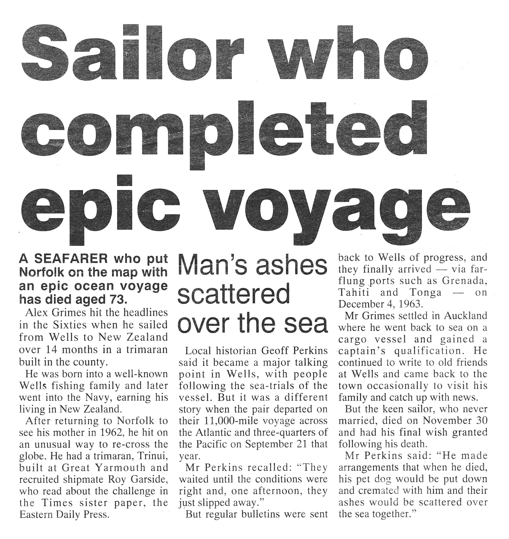 Dereham and Fakenham Times Press article 30 November 1998 -  Conclusion epic life